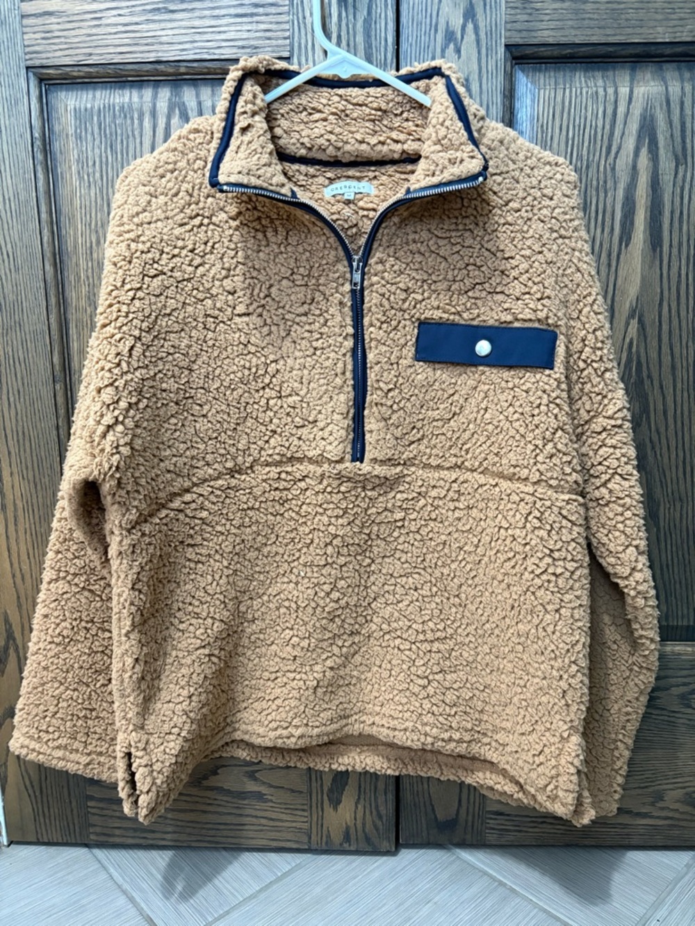 Crescent Camel Teddy Sherpa Pullover with Black Trim